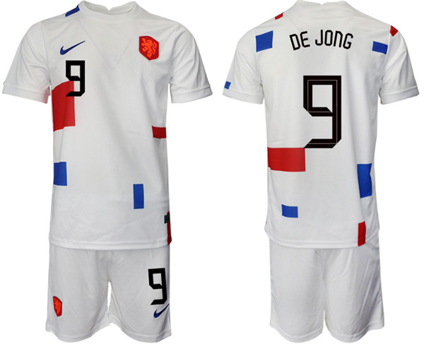 Men's Netherlands #9 Dejong White Away Soccer Jersey Suit